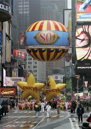 The first balloon for the Macys Thanksgiving Day parade moves through Times Square Thursday, Nov. 23, 2006 in New York. (AP Photo/Frank Franklin II)