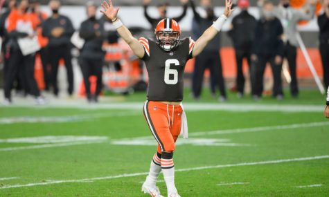 Cleveland Browns quarterback Baker Mayfield celebrates a touchdown in the fourth quarter of an NFL football game against the Cincinnati Bengals, Thursday, Sept. 17, 2020, in Cleveland. The Browns won 35-30. (AP Photo/David Richard)