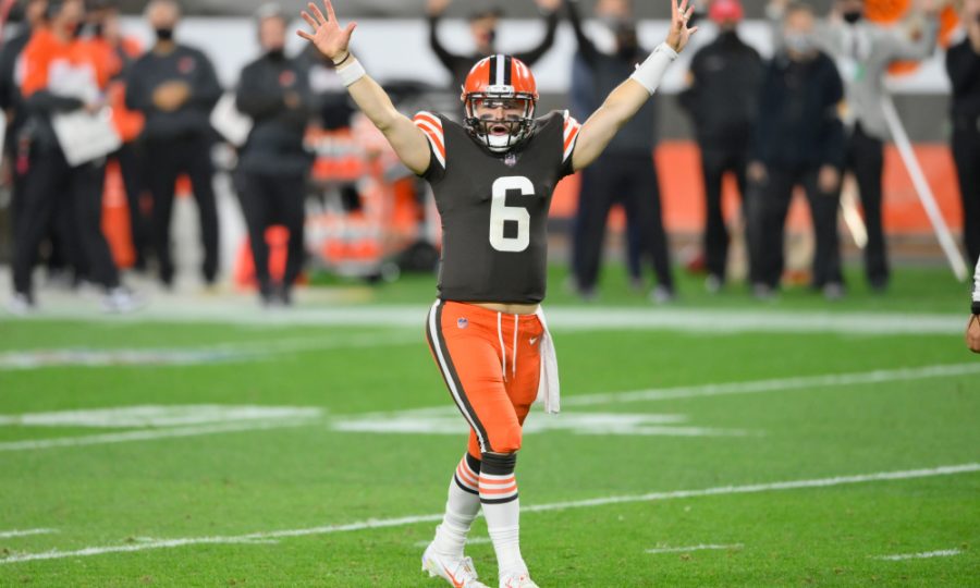 Cleveland+Browns+quarterback+Baker+Mayfield+celebrates+a+touchdown+in+the+fourth+quarter+of+an+NFL+football+game+against+the+Cincinnati+Bengals%2C+Thursday%2C+Sept.+17%2C+2020%2C+in+Cleveland.+The+Browns+won+35-30.+%28AP+Photo%2FDavid+Richard%29