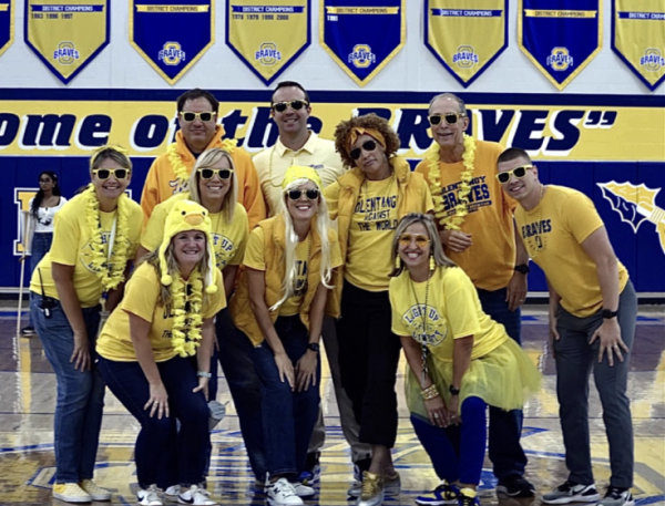 OHS admin and counselor dance team pose before the pep rally.  They danced to "Bye, Bye, Bye" by NSYNC.