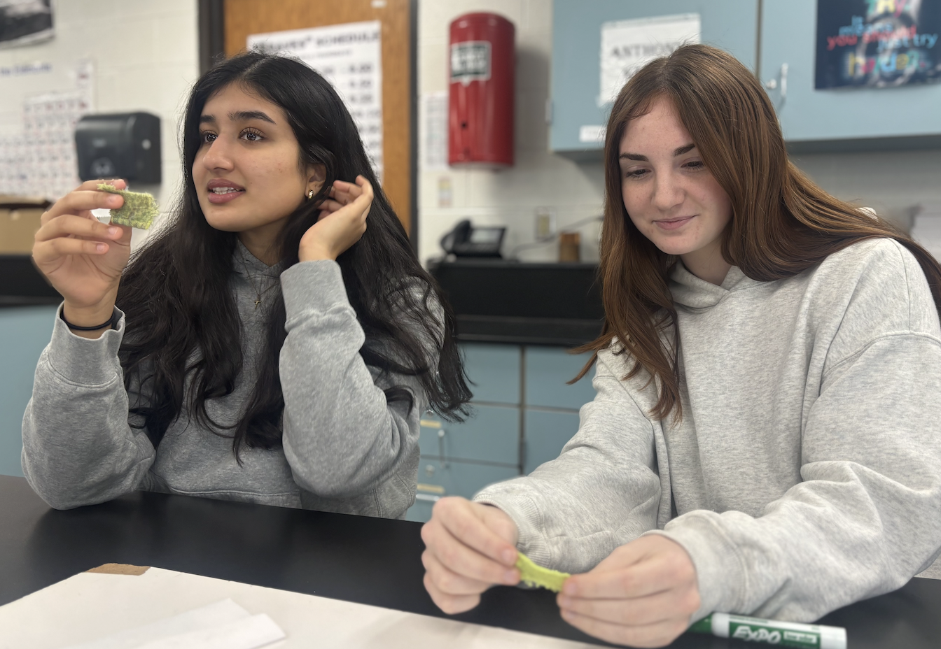 Jasmine Jones ‘26 and Evie Hawk ‘26 work their assignment. The class's current unit is about hair and fiber. 