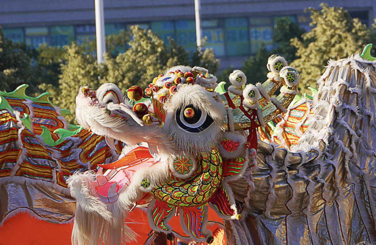 A dragon dances though a parade  