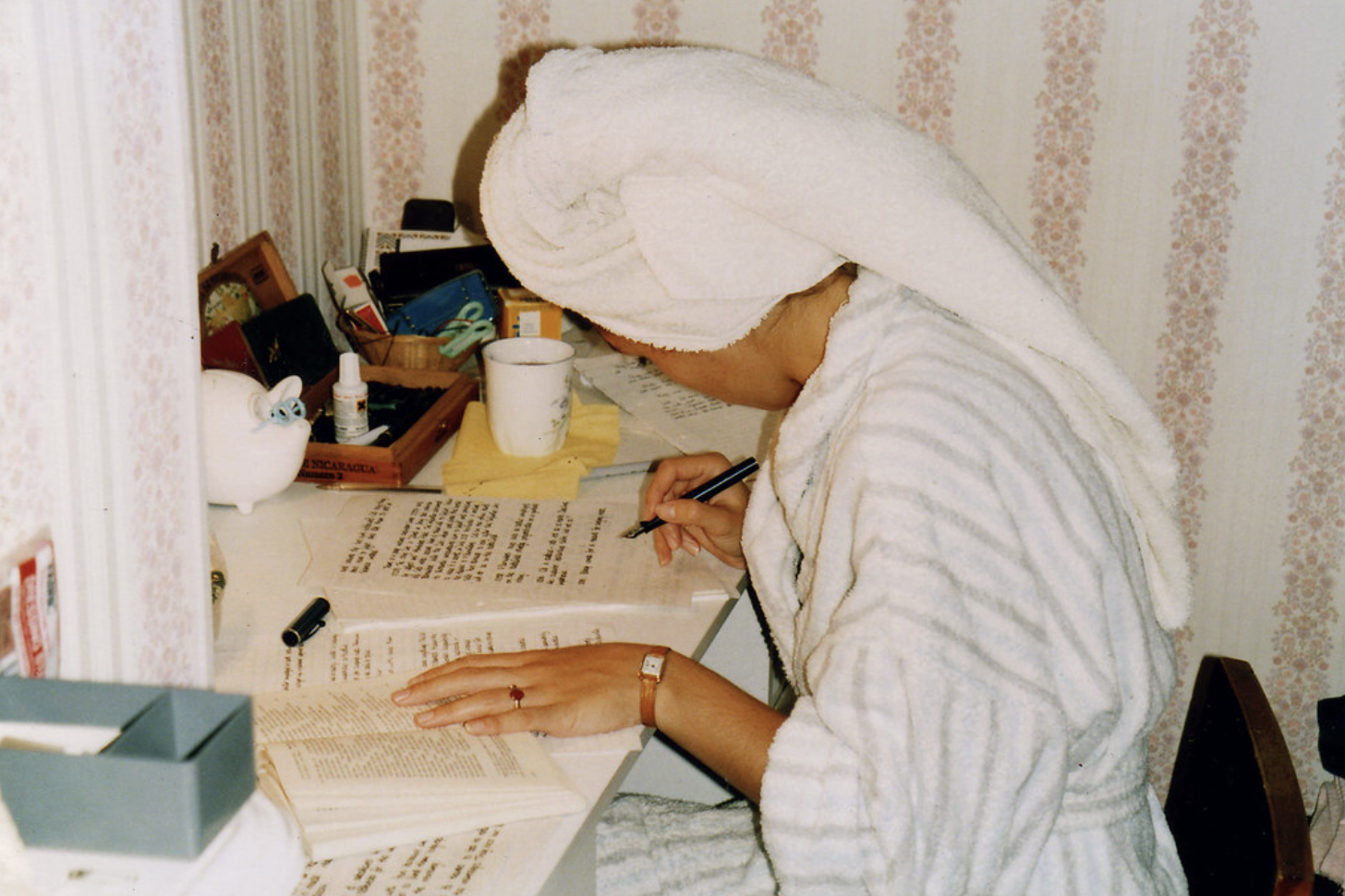 Woman studies late into the night. 